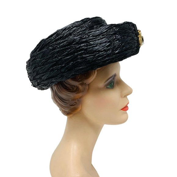 Vintage 1950s Round Black Straw Hat Rhinestone Fly Detail Styled by Phipps